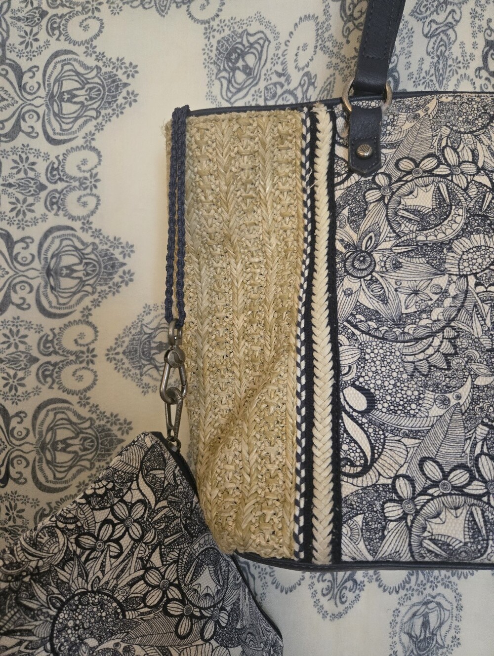 Sakroots Navy Floral Woven Straw Raffia Tote Bag w/ Matching Wristlet Boho Purse - Picture 6 of 15